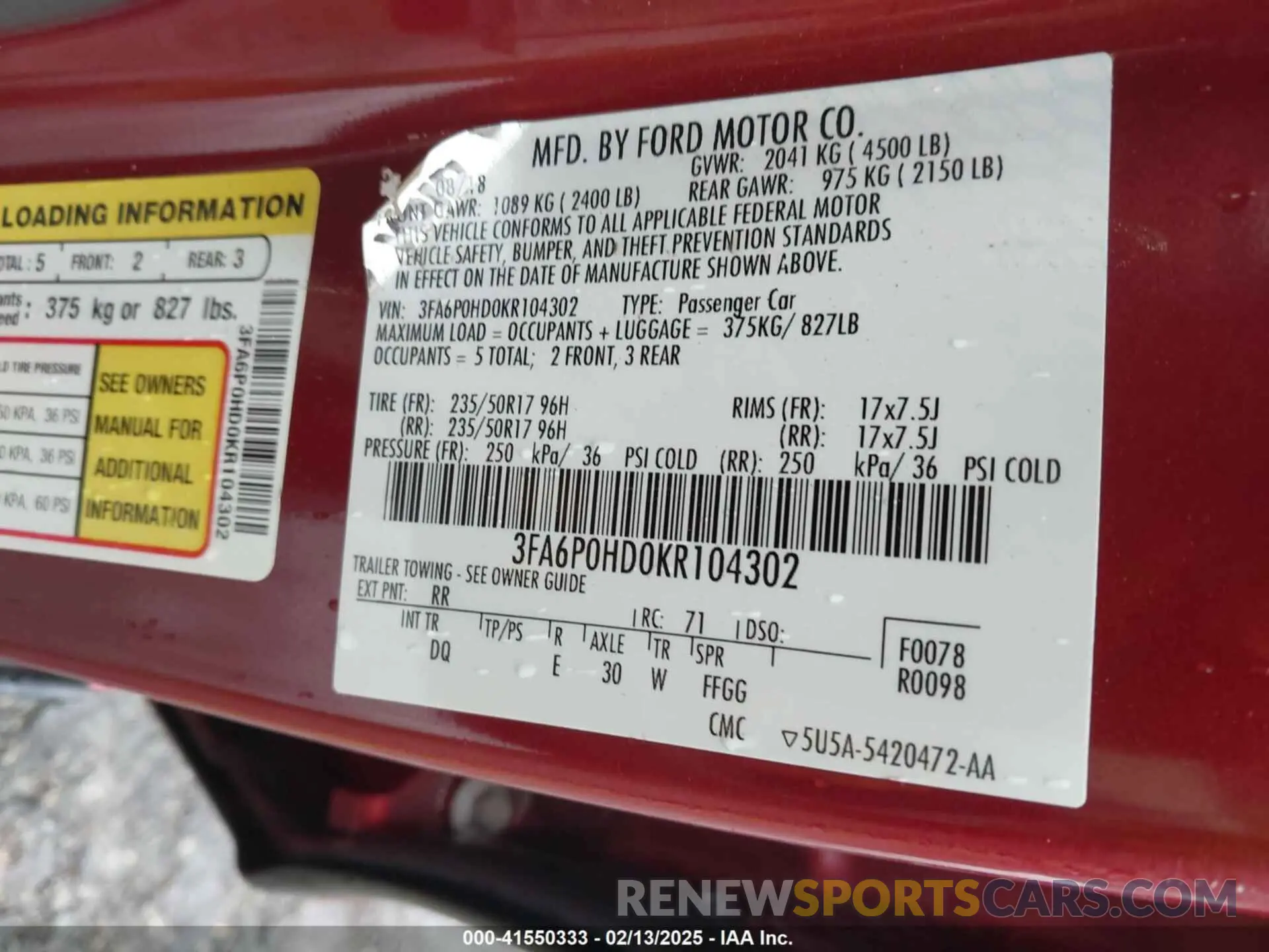 9 Photograph of a damaged car 3FA6P0HD0KR104302 FORD FUSION 2019