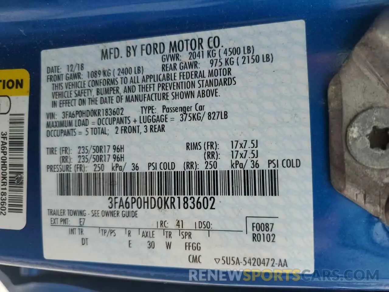 12 Photograph of a damaged car 3FA6P0HD0KR183602 FORD FUSION 2019