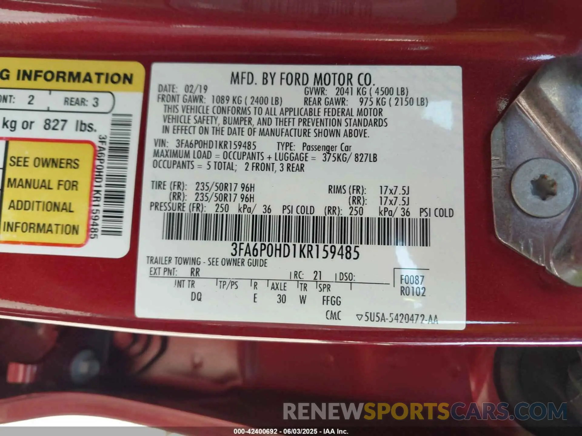 9 Photograph of a damaged car 3FA6P0HD1KR159485 FORD FUSION 2019