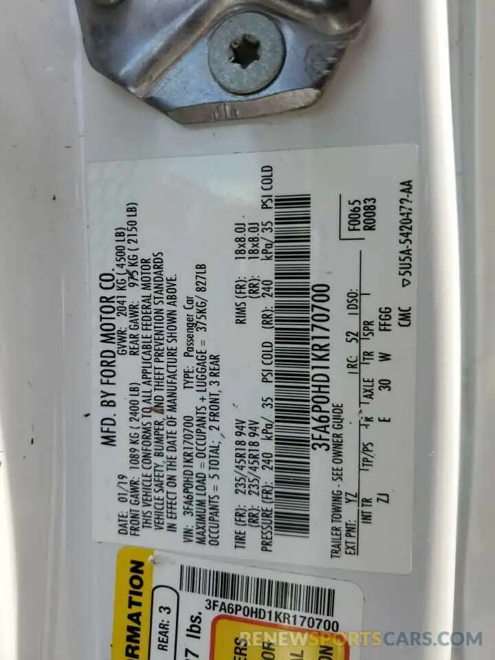 13 Photograph of a damaged car 3FA6P0HD1KR170700 FORD FUSION 2019