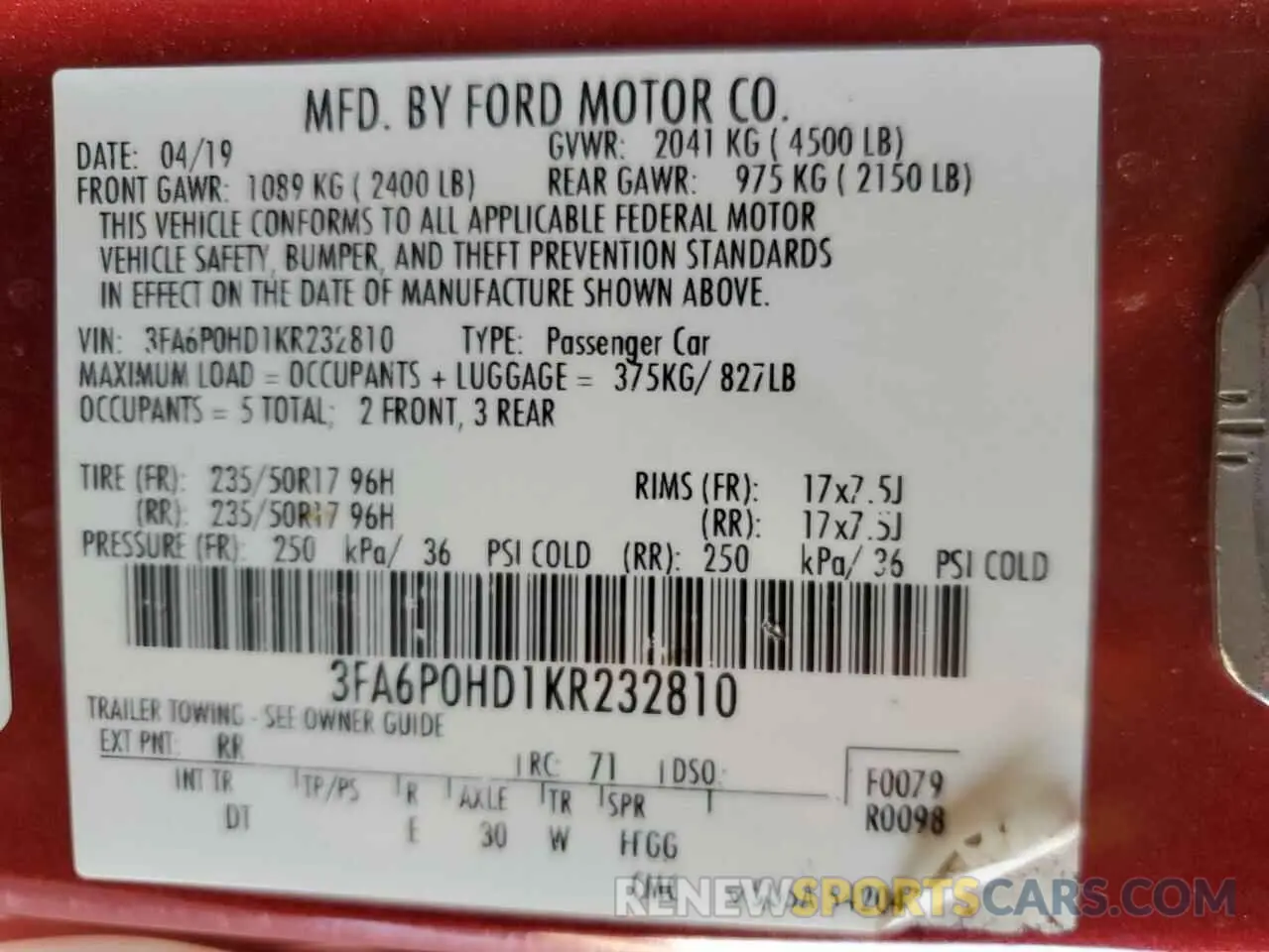 12 Photograph of a damaged car 3FA6P0HD1KR232810 FORD FUSION 2019