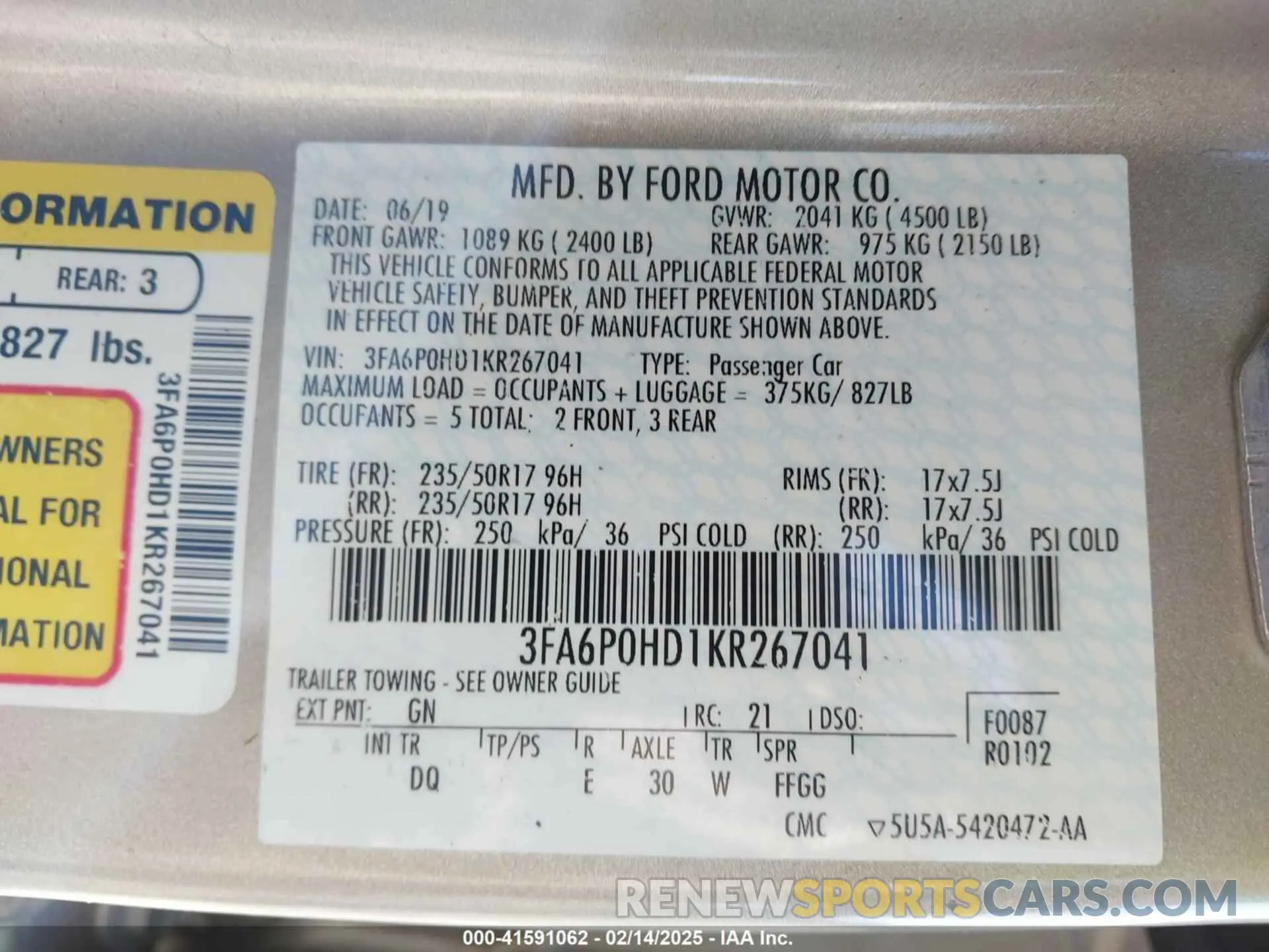 9 Photograph of a damaged car 3FA6P0HD1KR267041 FORD FUSION 2019