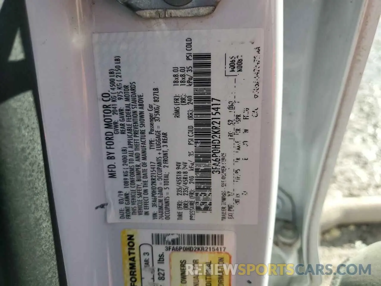12 Photograph of a damaged car 3FA6P0HD2KR215417 FORD FUSION 2019