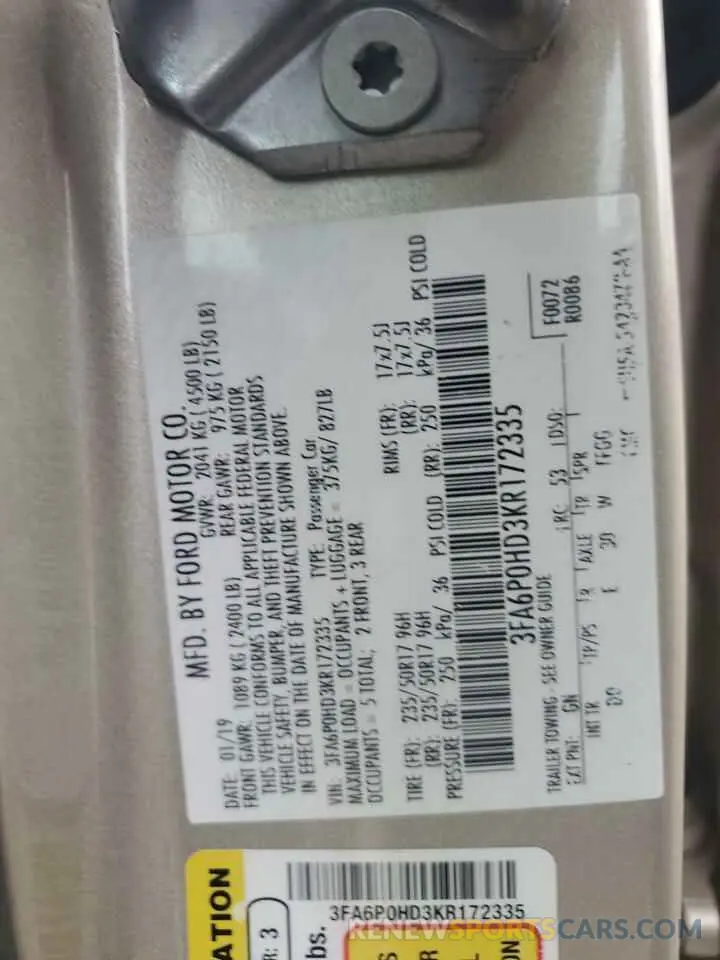 14 Photograph of a damaged car 3FA6P0HD3KR172335 FORD FUSION 2019