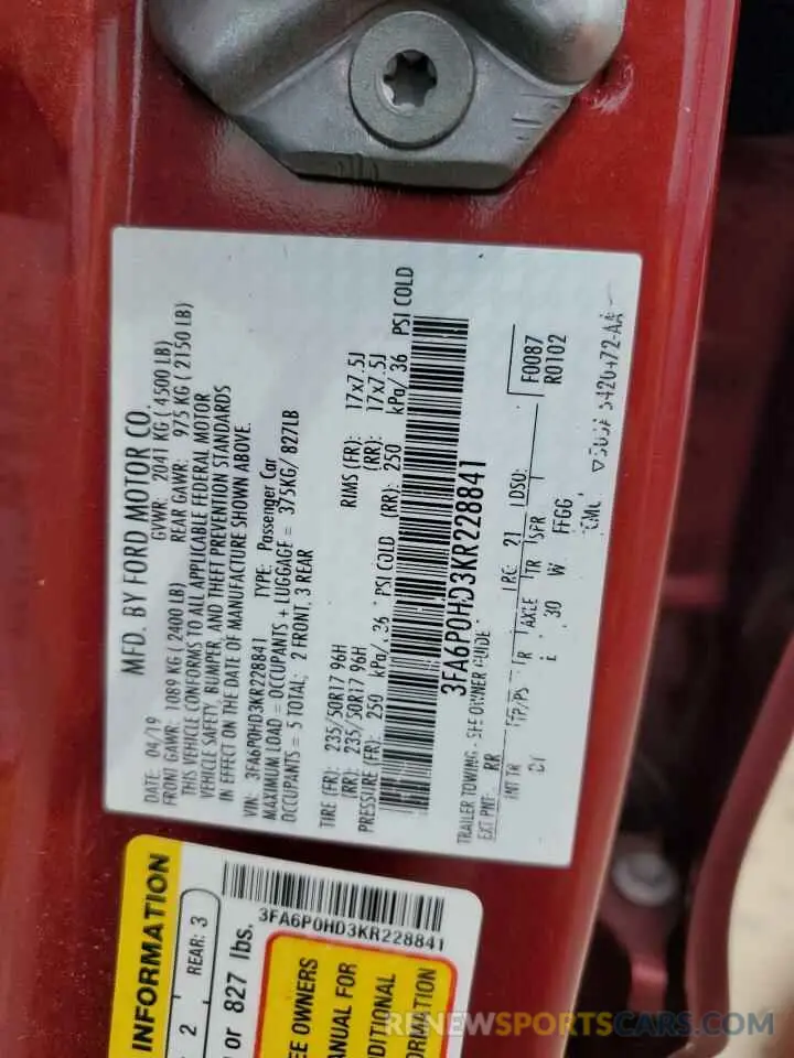 12 Photograph of a damaged car 3FA6P0HD3KR228841 FORD FUSION 2019