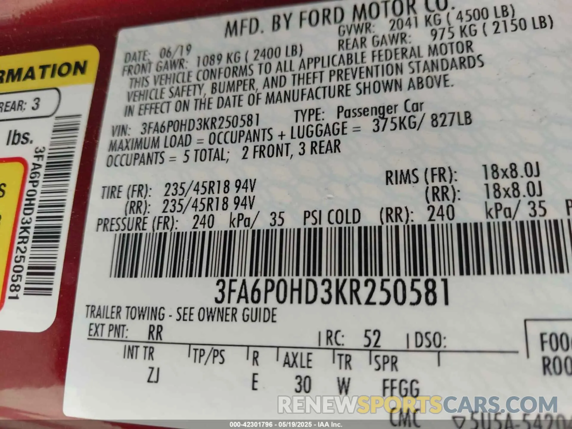 9 Photograph of a damaged car 3FA6P0HD3KR250581 FORD FUSION 2019