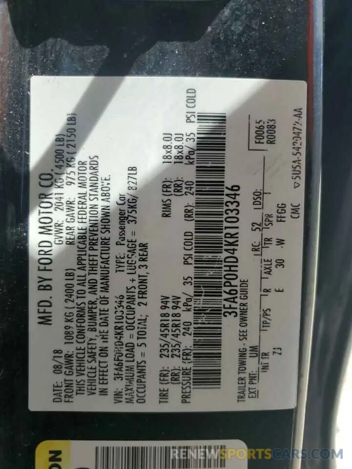 12 Photograph of a damaged car 3FA6P0HD4KR103346 FORD FUSION 2019