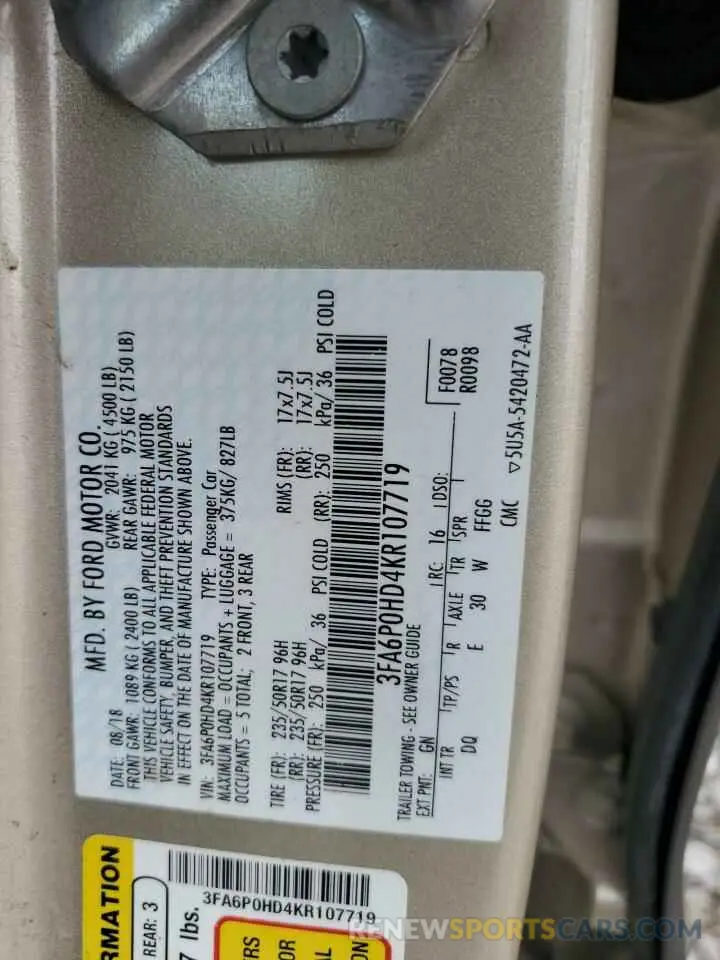 12 Photograph of a damaged car 3FA6P0HD4KR107719 FORD FUSION 2019