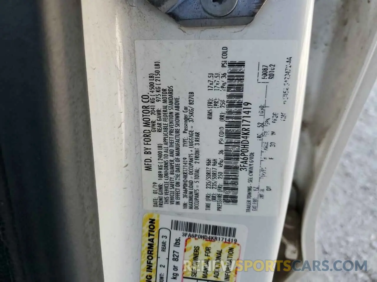 12 Photograph of a damaged car 3FA6P0HD4KR171419 FORD FUSION 2019