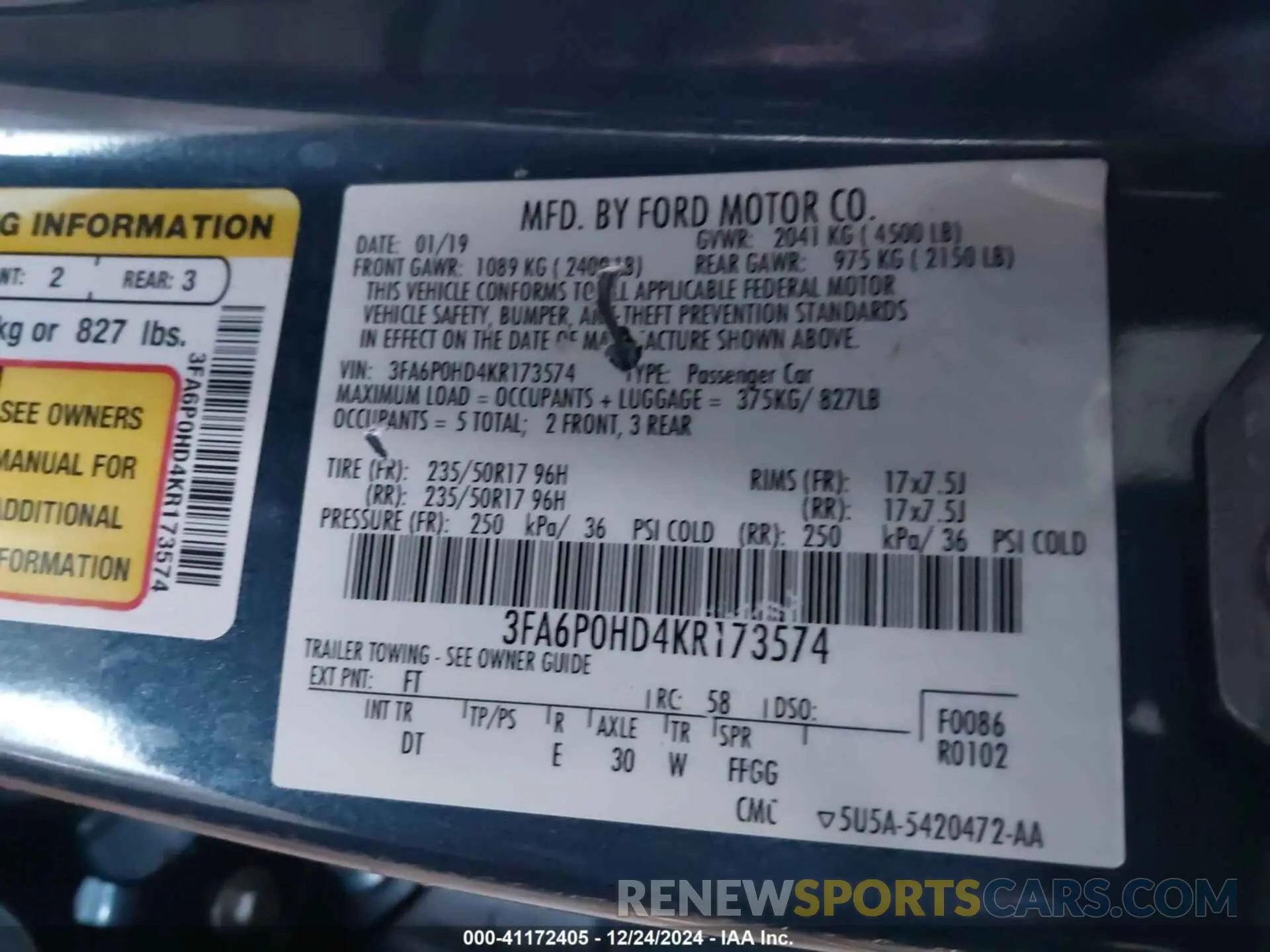 9 Photograph of a damaged car 3FA6P0HD4KR173574 FORD FUSION 2019