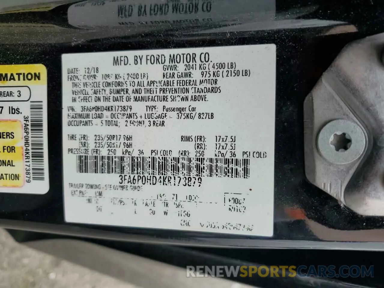 13 Photograph of a damaged car 3FA6P0HD4KR173879 FORD FUSION 2019