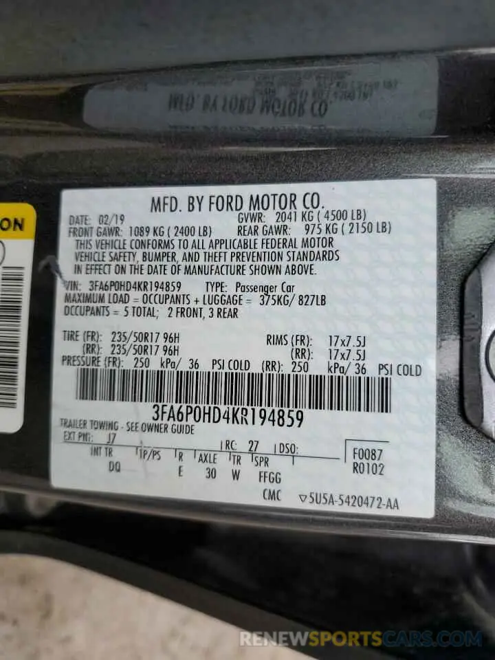 12 Photograph of a damaged car 3FA6P0HD4KR194859 FORD FUSION 2019