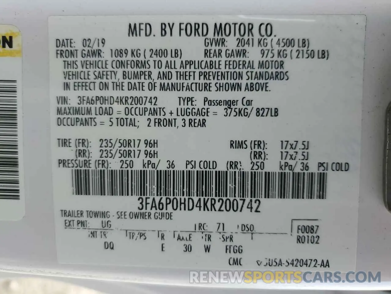 15 Photograph of a damaged car 3FA6P0HD4KR200742 FORD FUSION 2019