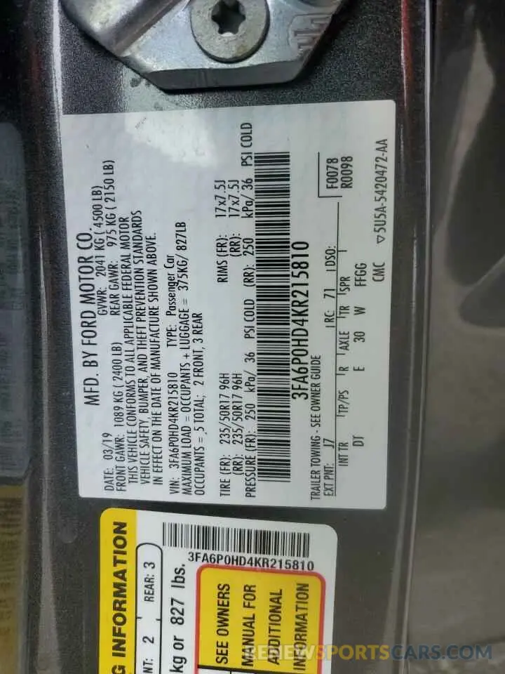13 Photograph of a damaged car 3FA6P0HD4KR215810 FORD FUSION 2019