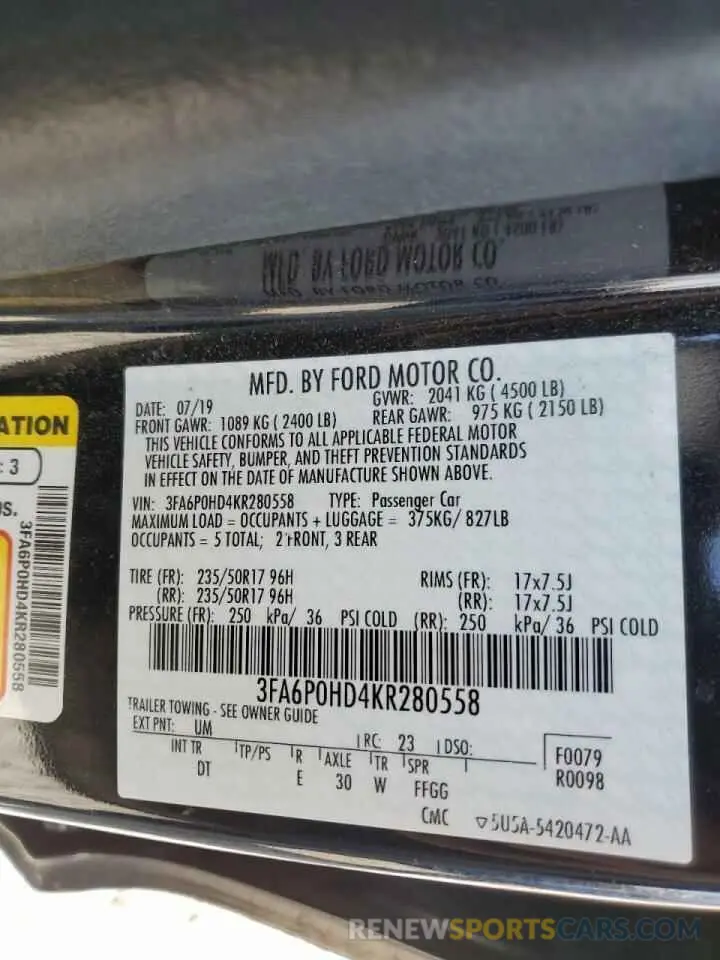12 Photograph of a damaged car 3FA6P0HD4KR280558 FORD FUSION 2019