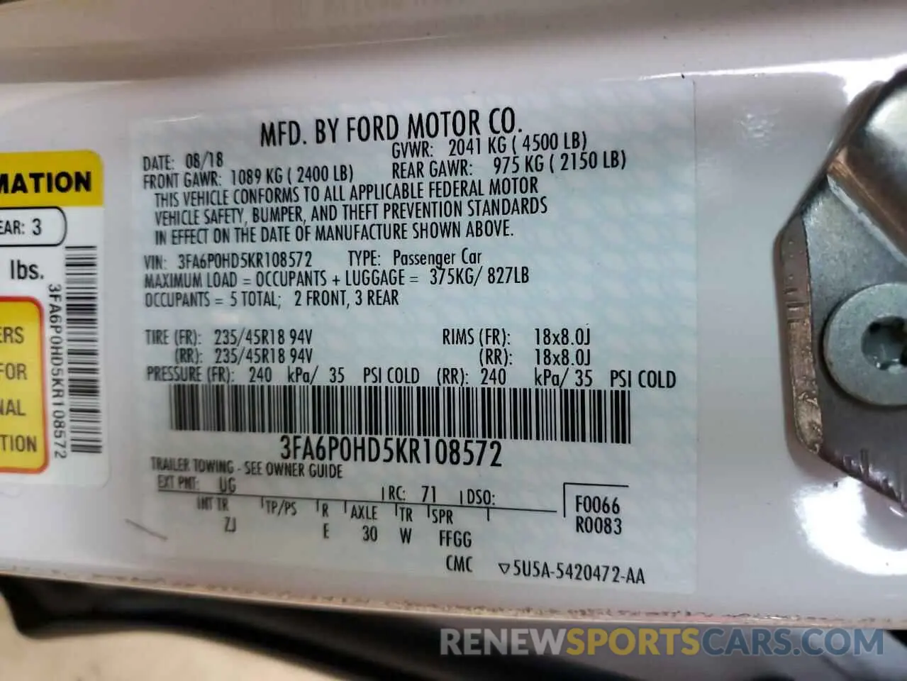13 Photograph of a damaged car 3FA6P0HD5KR108572 FORD FUSION 2019