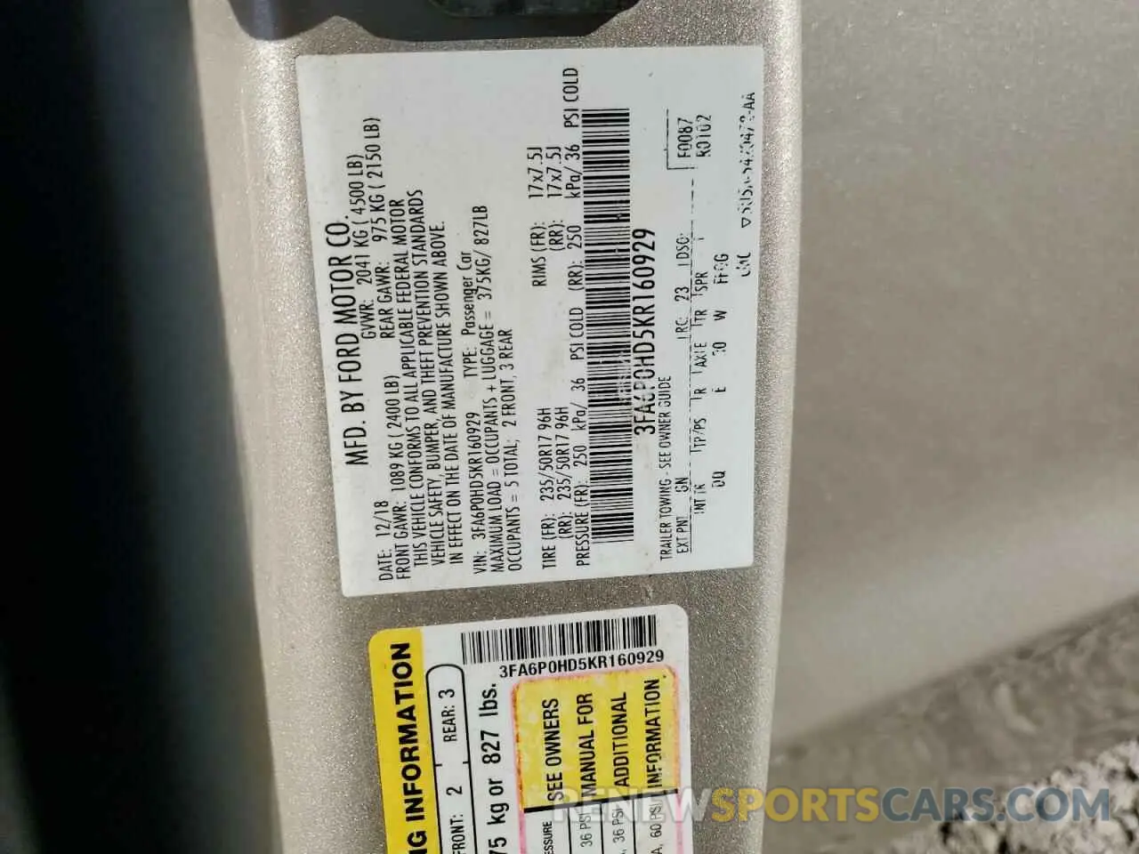 12 Photograph of a damaged car 3FA6P0HD5KR160929 FORD FUSION 2019