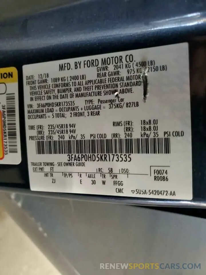 12 Photograph of a damaged car 3FA6P0HD5KR173535 FORD FUSION 2019