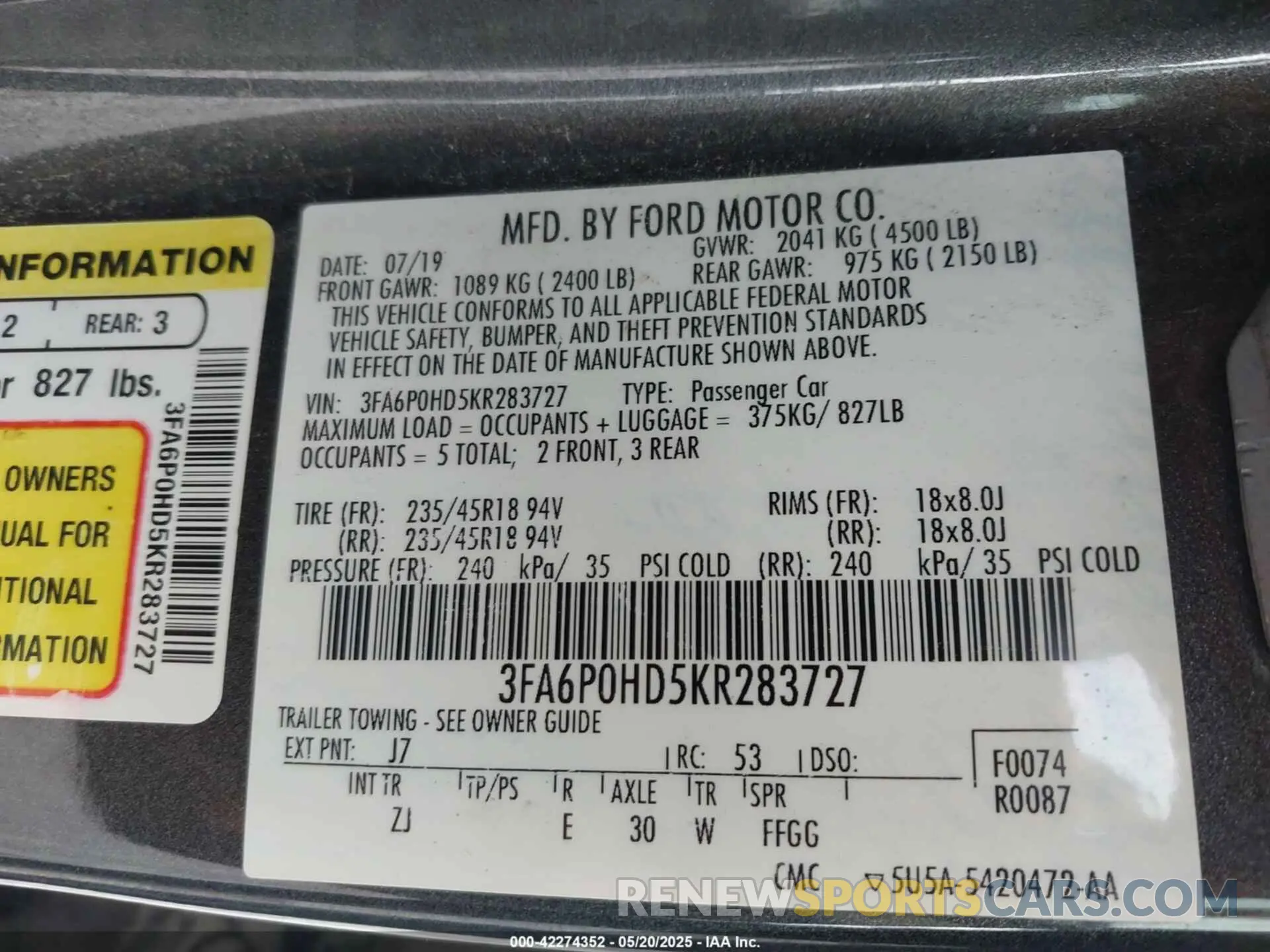 9 Photograph of a damaged car 3FA6P0HD5KR283727 FORD FUSION 2019