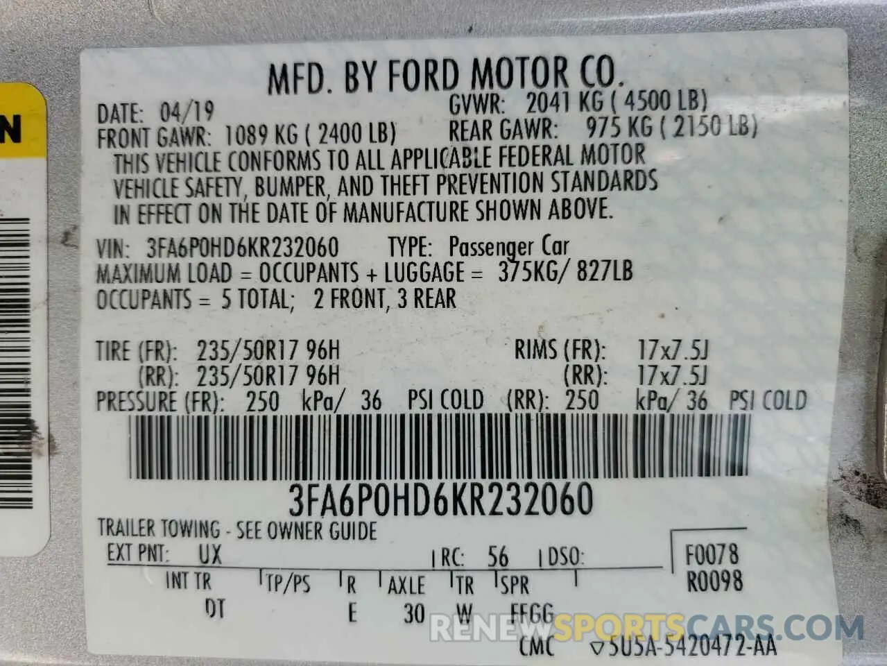 12 Photograph of a damaged car 3FA6P0HD6KR232060 FORD FUSION 2019