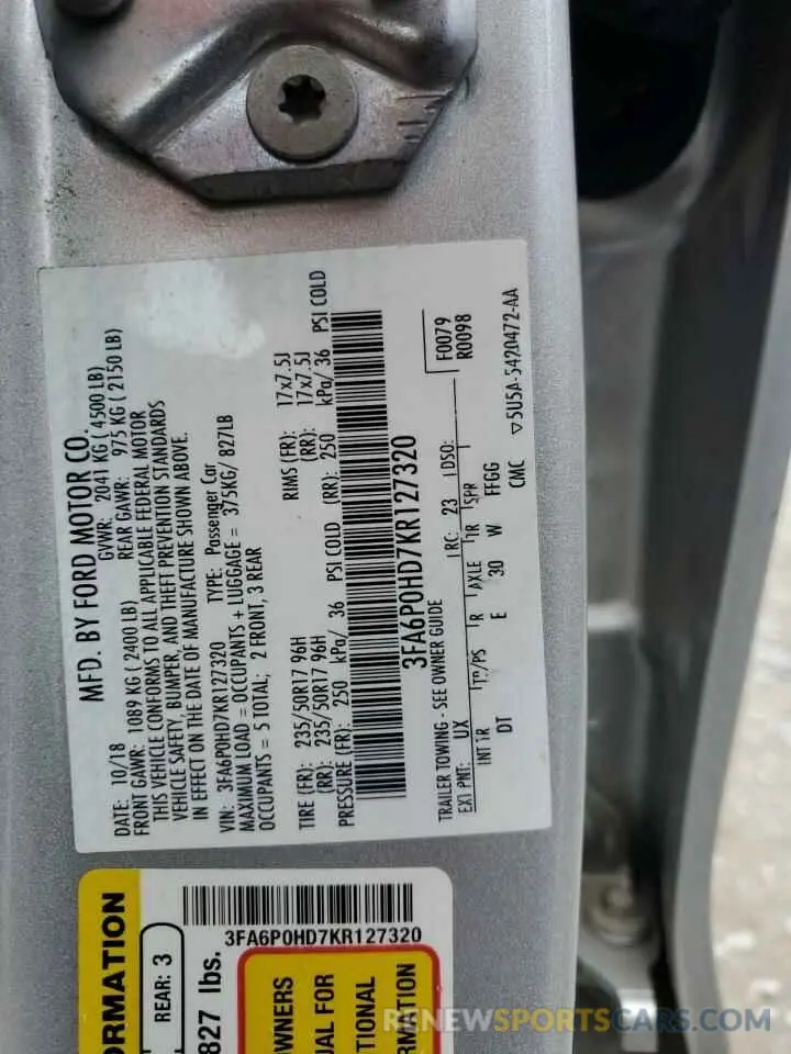 13 Photograph of a damaged car 3FA6P0HD7KR127320 FORD FUSION 2019