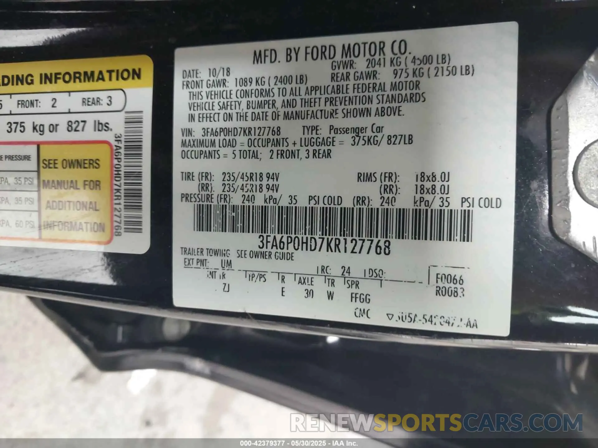 9 Photograph of a damaged car 3FA6P0HD7KR127768 FORD FUSION 2019