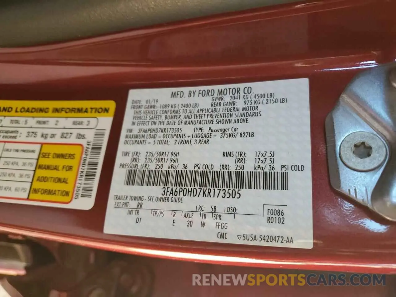 13 Photograph of a damaged car 3FA6P0HD7KR173505 FORD FUSION 2019