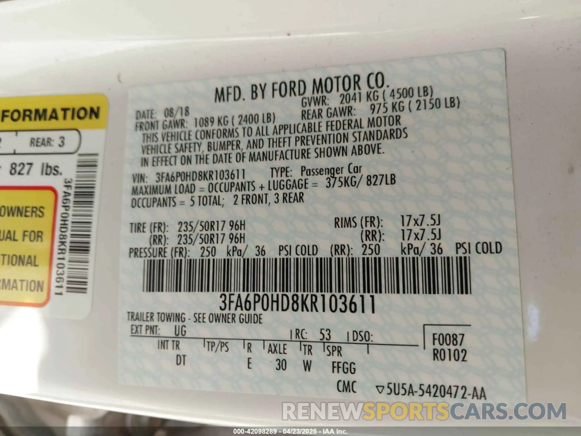 9 Photograph of a damaged car 3FA6P0HD8KR103611 FORD FUSION 2019
