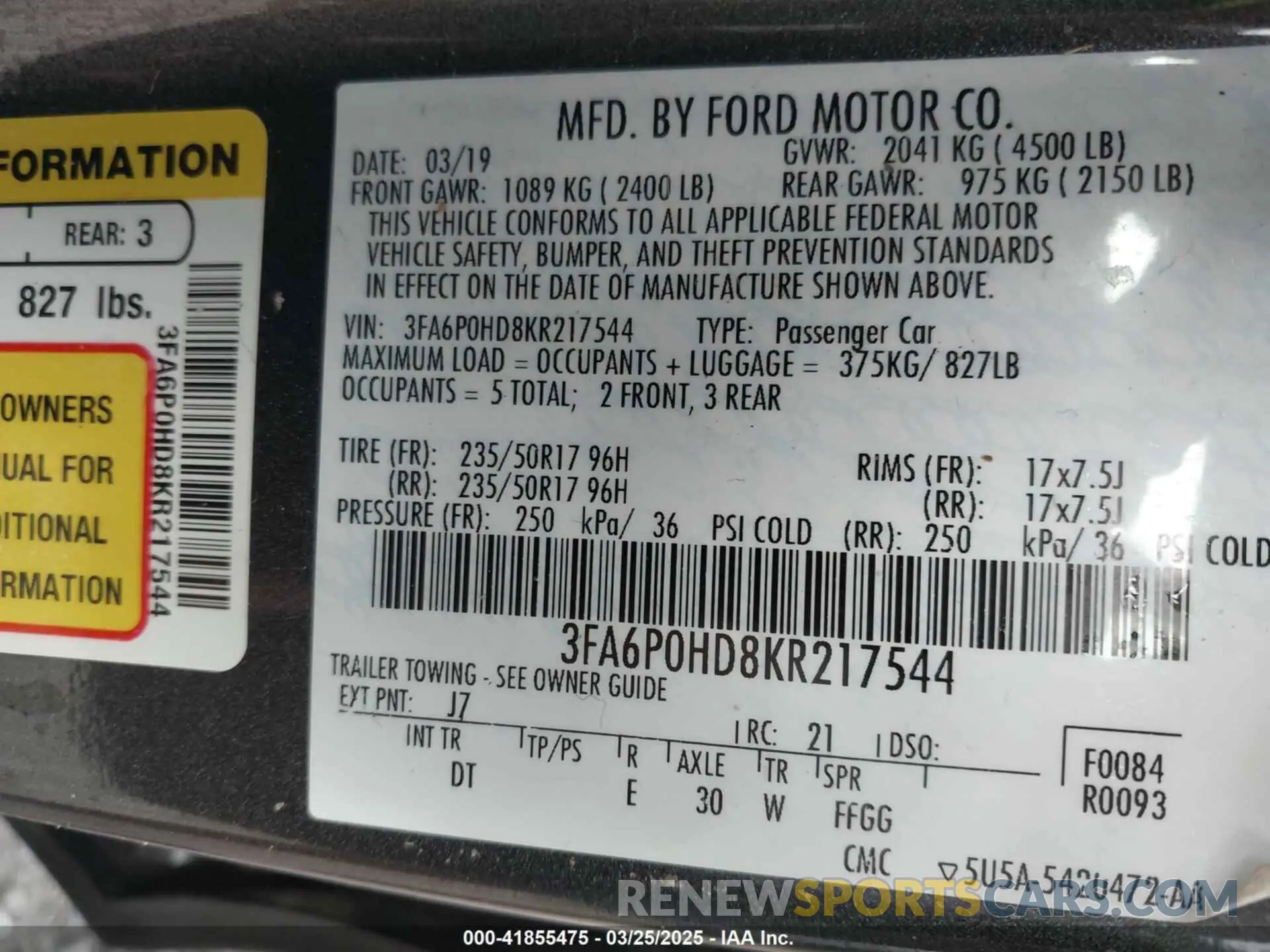 9 Photograph of a damaged car 3FA6P0HD8KR217544 FORD FUSION 2019