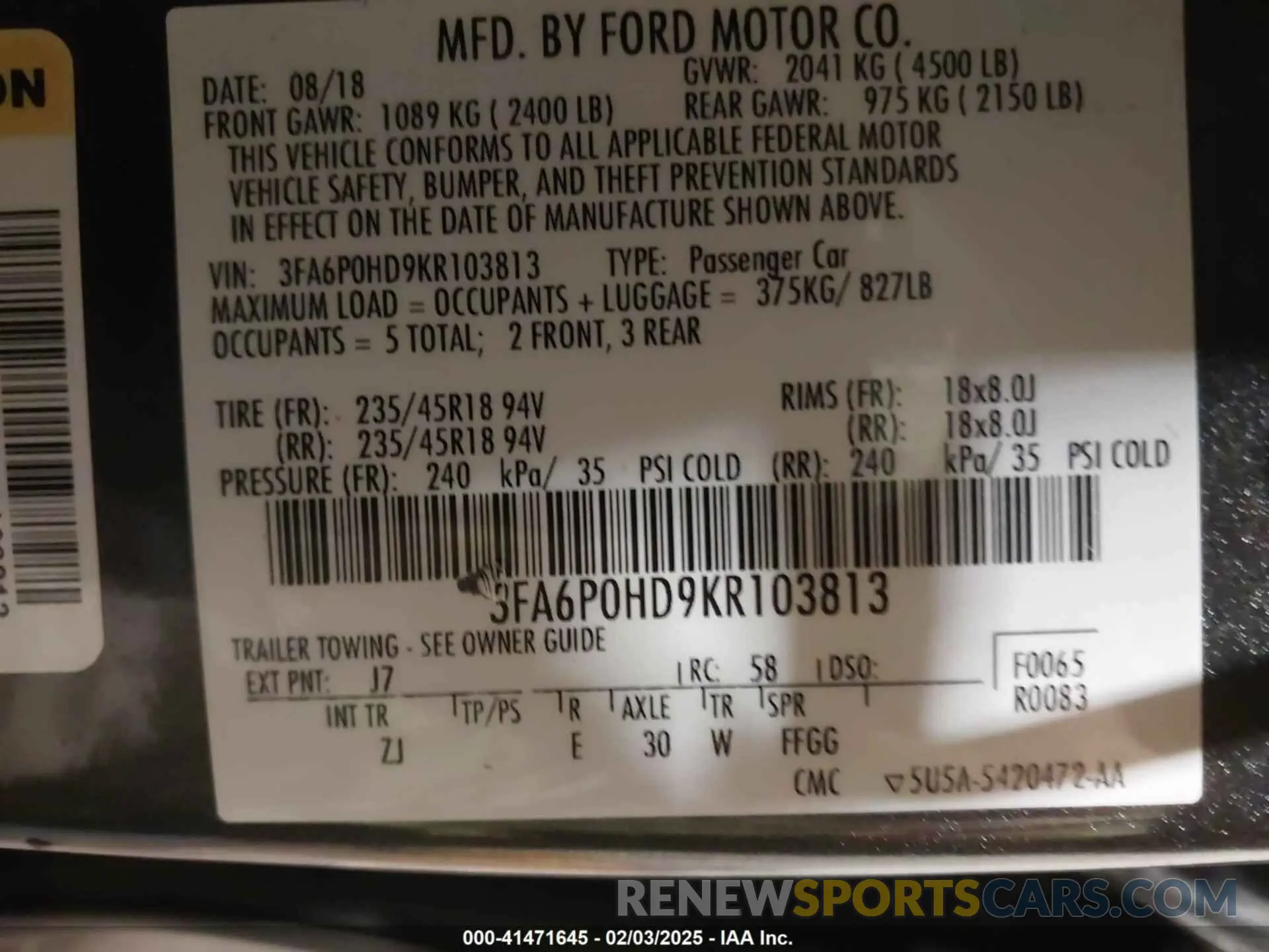 9 Photograph of a damaged car 3FA6P0HD9KR103813 FORD FUSION 2019