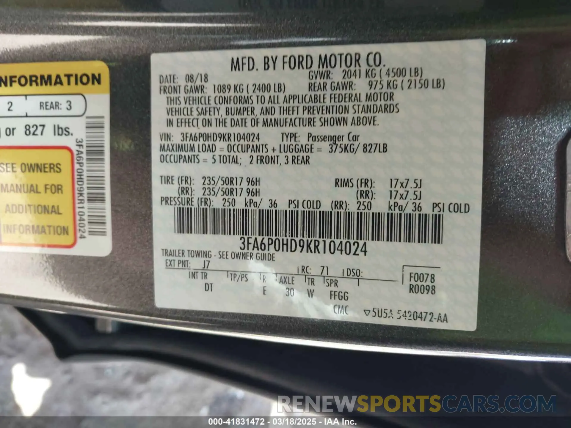 9 Photograph of a damaged car 3FA6P0HD9KR104024 FORD FUSION 2019