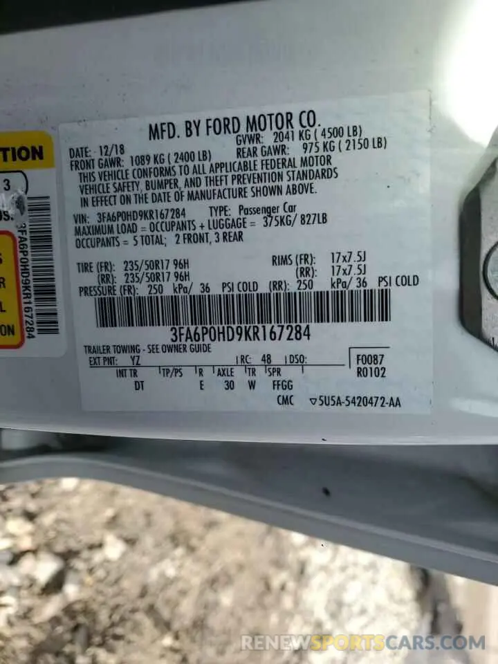 14 Photograph of a damaged car 3FA6P0HD9KR167284 FORD FUSION 2019