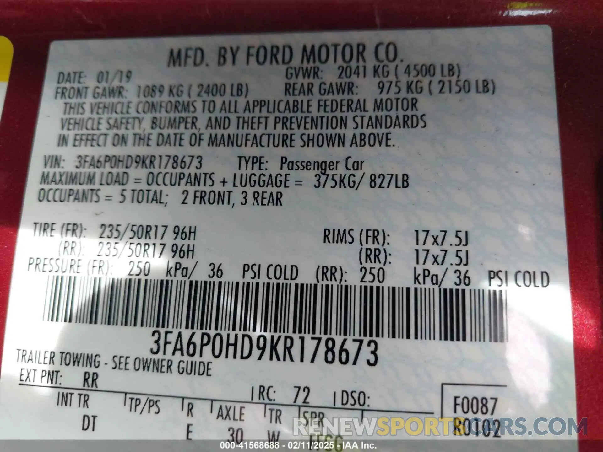 9 Photograph of a damaged car 3FA6P0HD9KR178673 FORD FUSION 2019