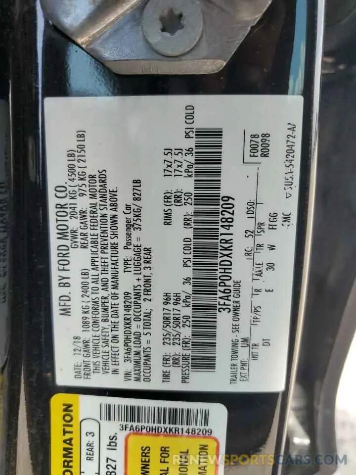 12 Photograph of a damaged car 3FA6P0HDXKR148209 FORD FUSION 2019