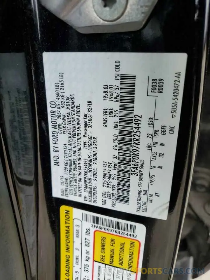 12 Photograph of a damaged car 3FA6P0K97KR254492 FORD FUSION 2019