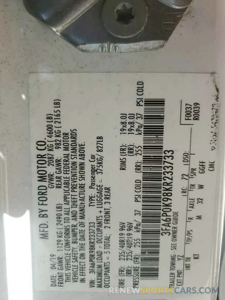 13 Photograph of a damaged car 3FA6P0K98KR233733 FORD FUSION 2019