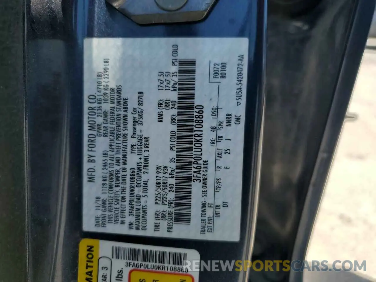 12 Photograph of a damaged car 3FA6P0LU0KR108860 FORD FUSION 2019