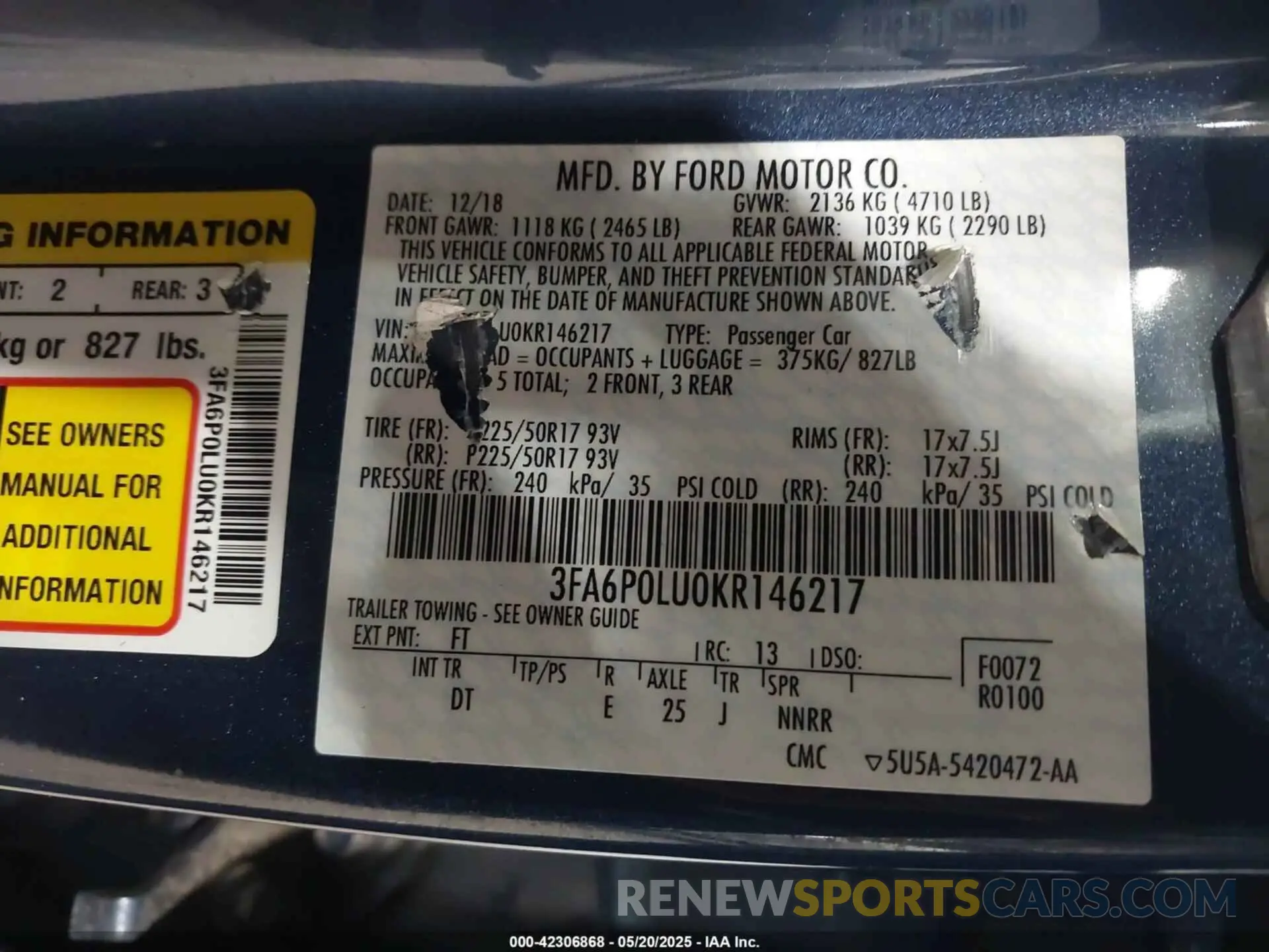 9 Photograph of a damaged car 3FA6P0LU0KR146217 FORD FUSION 2019