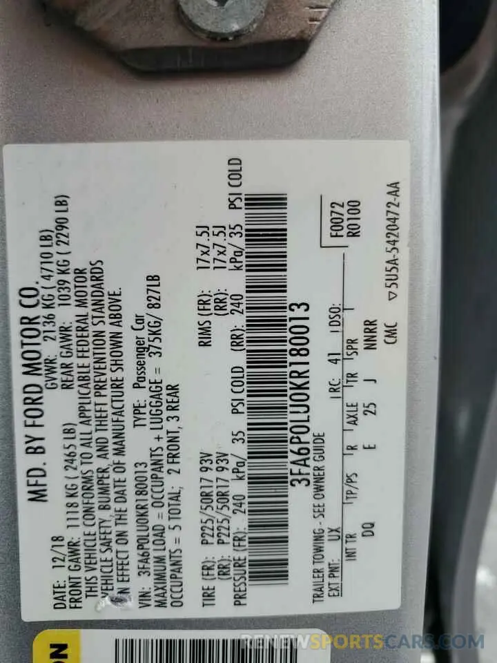 13 Photograph of a damaged car 3FA6P0LU0KR180013 FORD FUSION 2019