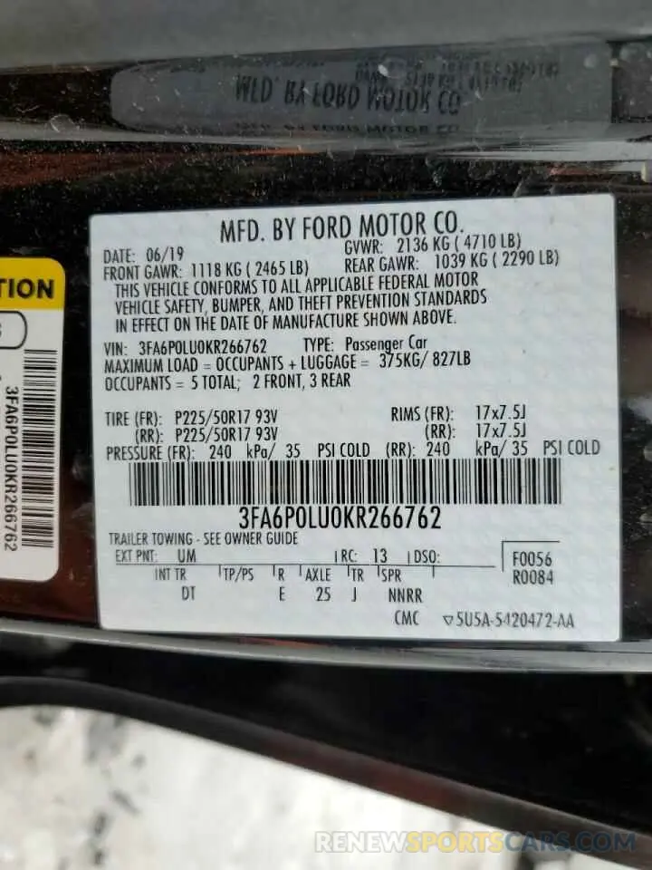 13 Photograph of a damaged car 3FA6P0LU0KR266762 FORD FUSION 2019