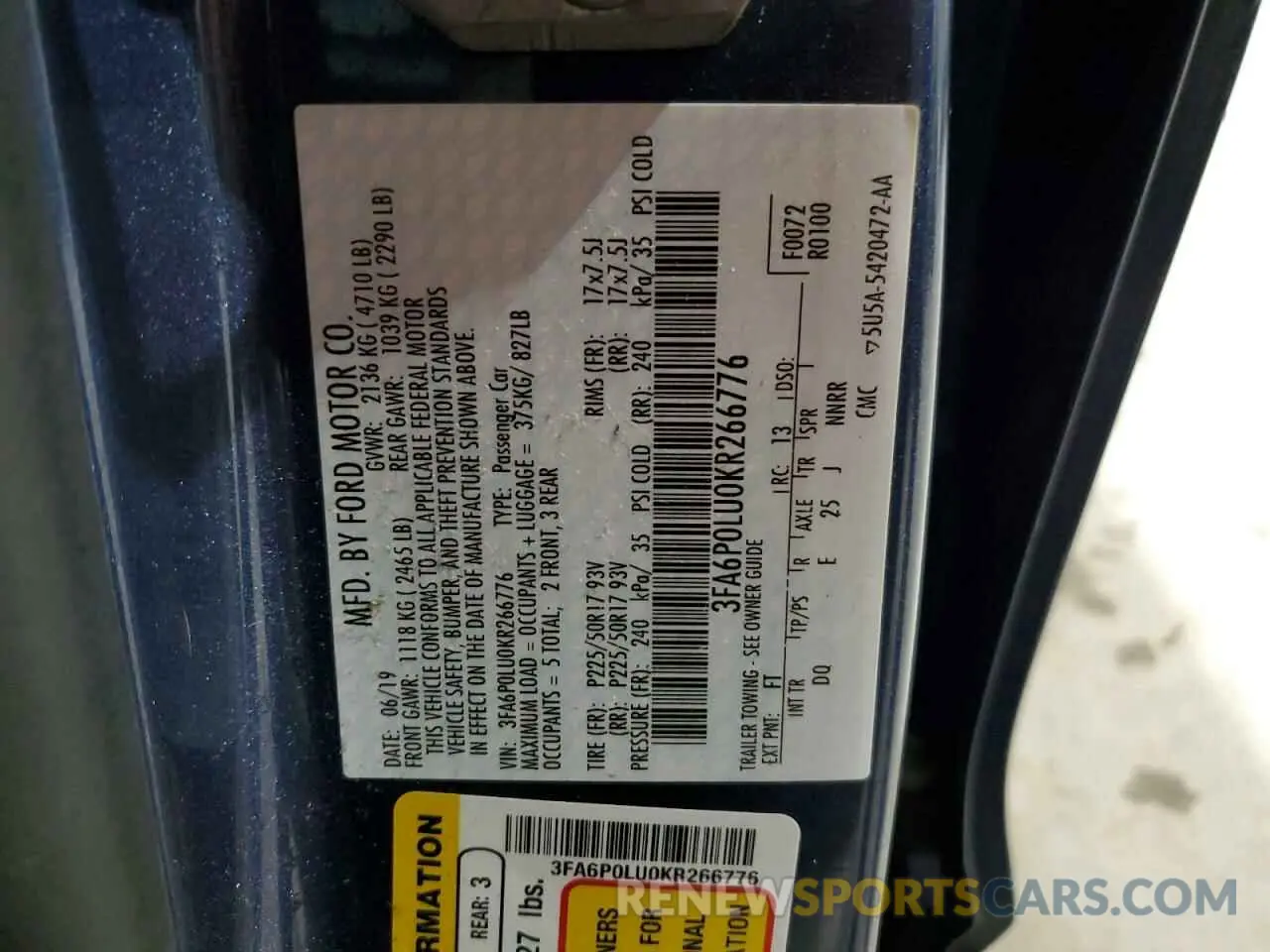 13 Photograph of a damaged car 3FA6P0LU0KR266776 FORD FUSION 2019
