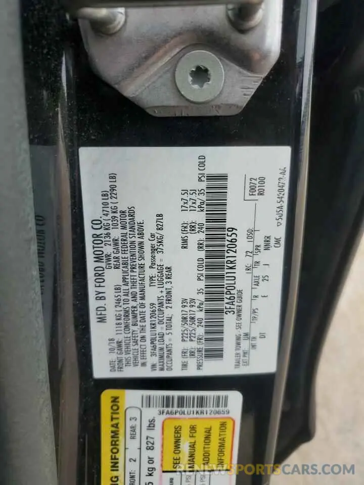 12 Photograph of a damaged car 3FA6P0LU1KR120659 FORD FUSION 2019