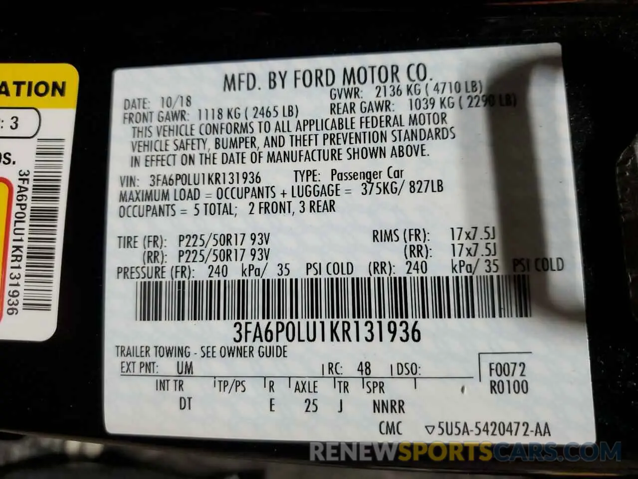 12 Photograph of a damaged car 3FA6P0LU1KR131936 FORD FUSION 2019