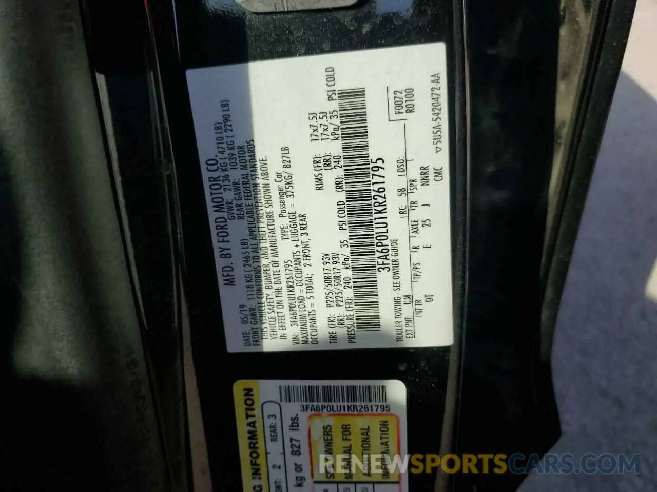 12 Photograph of a damaged car 3FA6P0LU1KR261795 FORD FUSION 2019