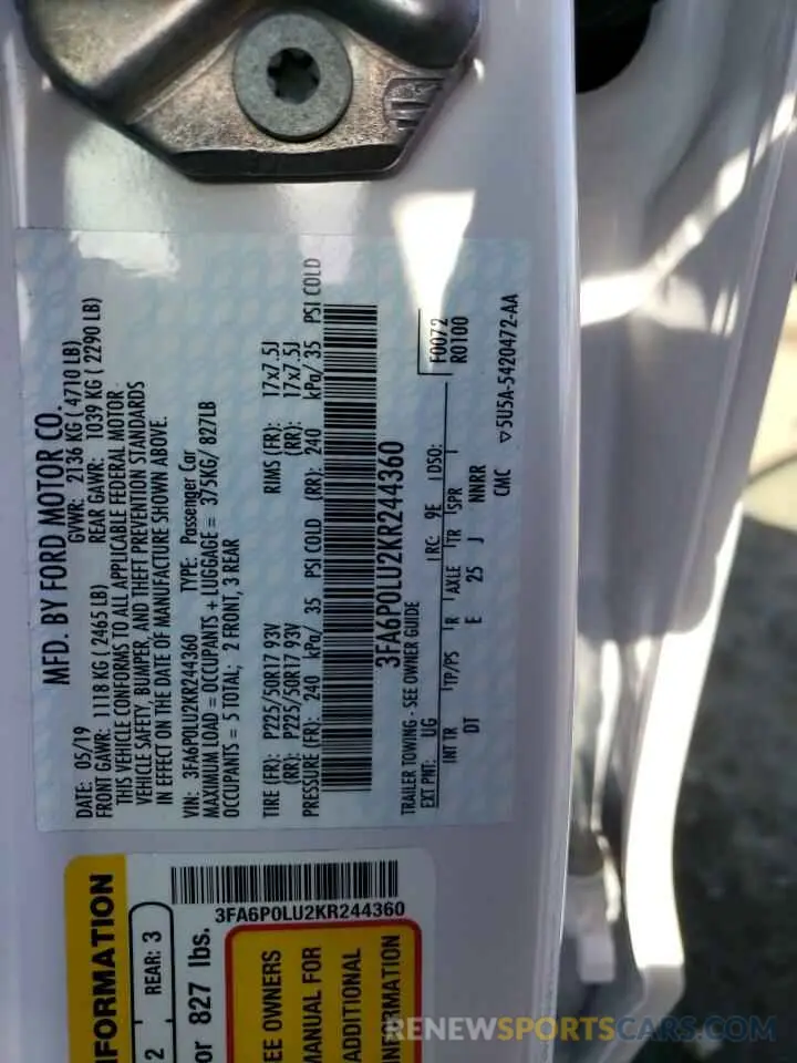 15 Photograph of a damaged car 3FA6P0LU2KR244360 FORD FUSION 2019