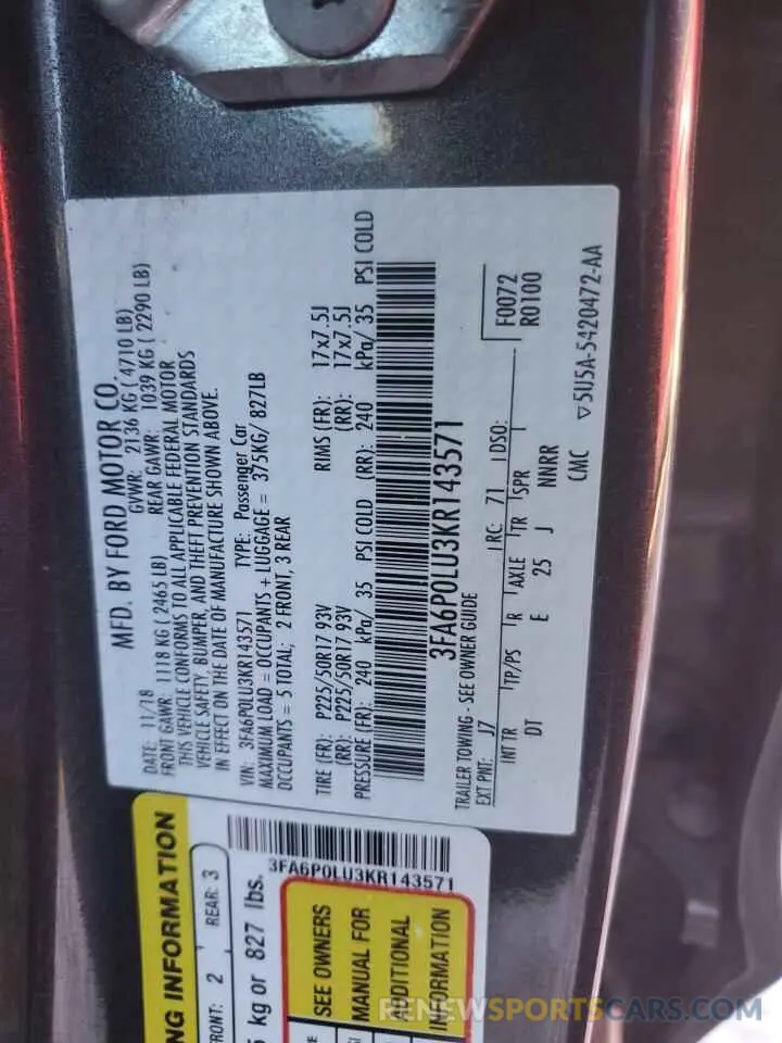 14 Photograph of a damaged car 3FA6P0LU3KR143571 FORD FUSION 2019