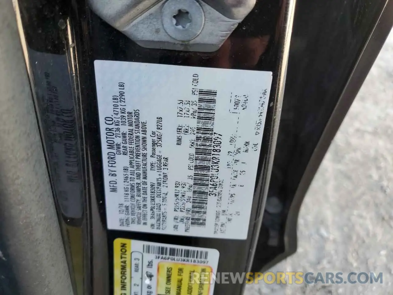 12 Photograph of a damaged car 3FA6P0LU3KR183097 FORD FUSION 2019