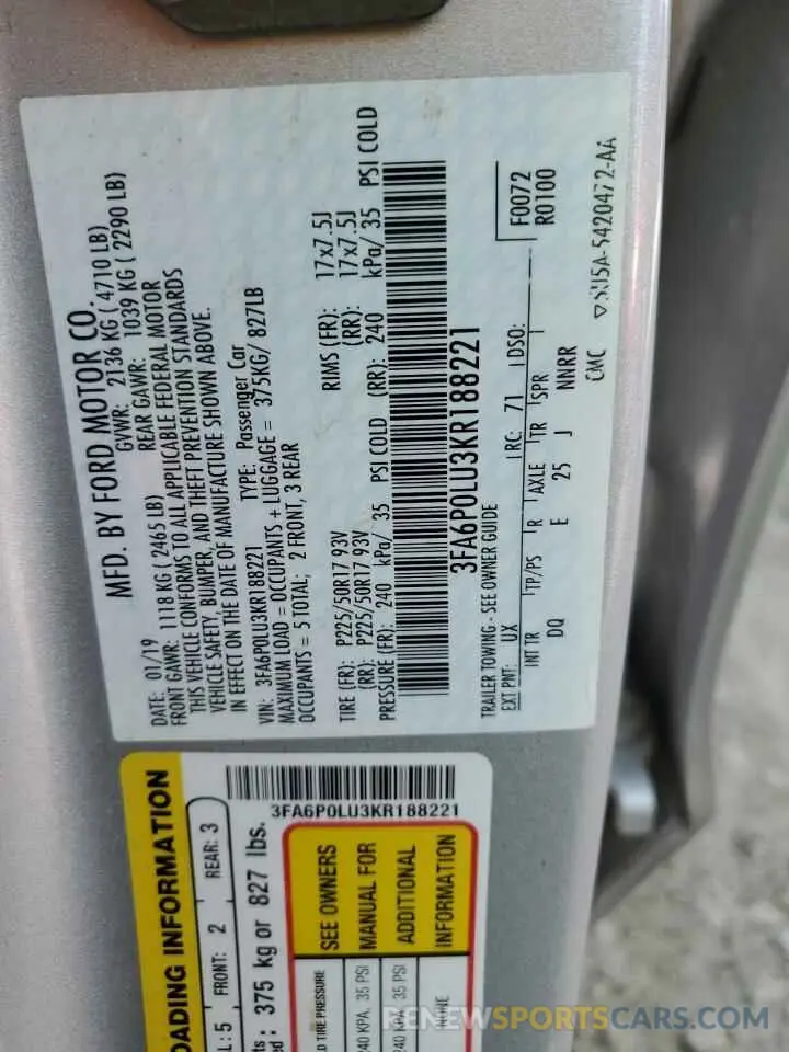 12 Photograph of a damaged car 3FA6P0LU3KR188221 FORD FUSION 2019
