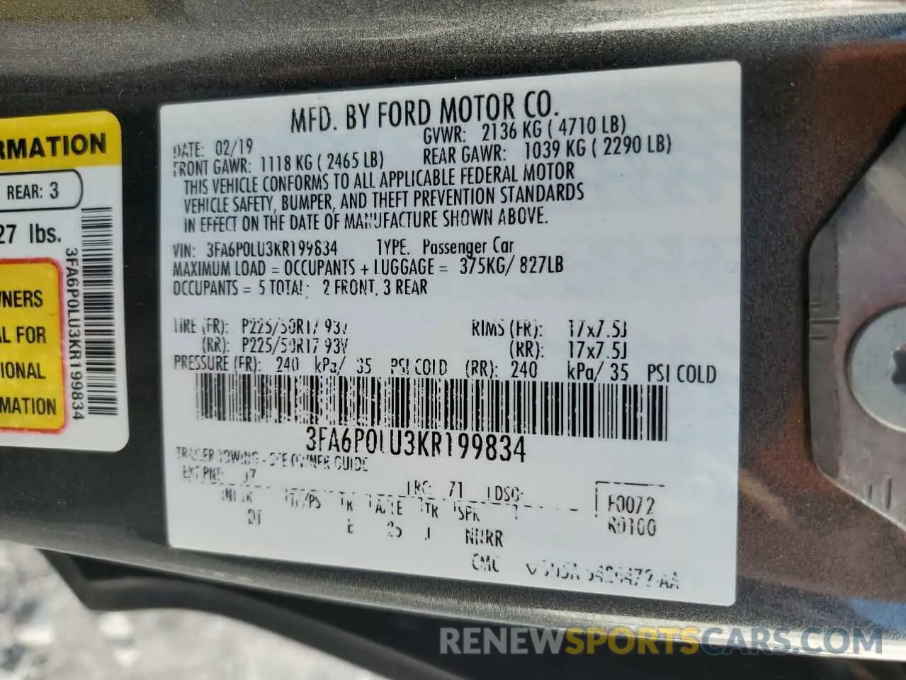 12 Photograph of a damaged car 3FA6P0LU3KR199834 FORD FUSION 2019