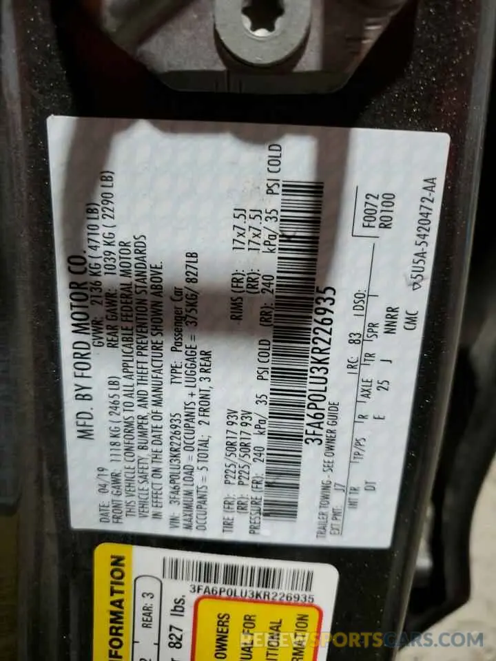 13 Photograph of a damaged car 3FA6P0LU3KR226935 FORD FUSION 2019